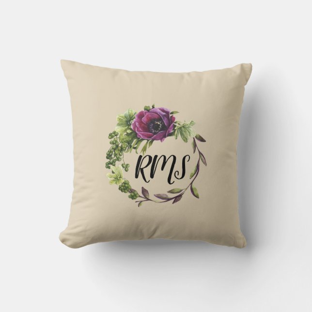 Watercolor Purple Flower Wreath Monogram Pillow (Front)