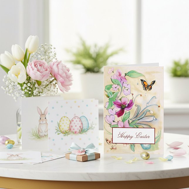 Watercolor purple flowers and butterfly Easter Holiday Card (Creator Uploaded)