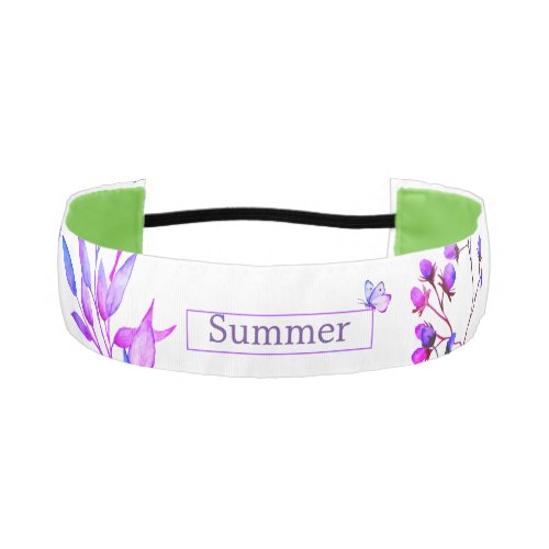 Watercolor purple flowers and cute butterflies athletic headband