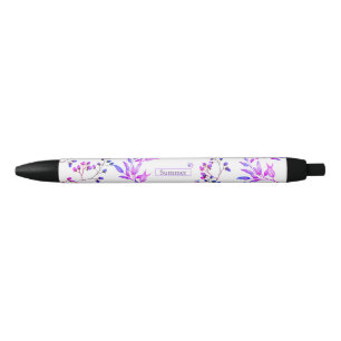 Watercolor purple flowers and cute butterflies pen