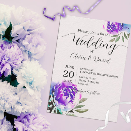 Watercolor Purple Flowers And Foliage Wedding