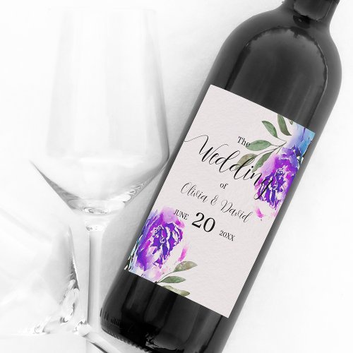 Watercolor Purple Flowers And Foliage Wedding Wine Label