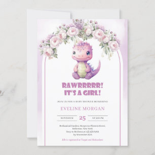 Watercolor purple flowers arch dinosaur girl baby invitation