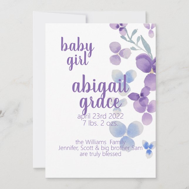 Watercolor Purple Flowers birth announcement (Front)