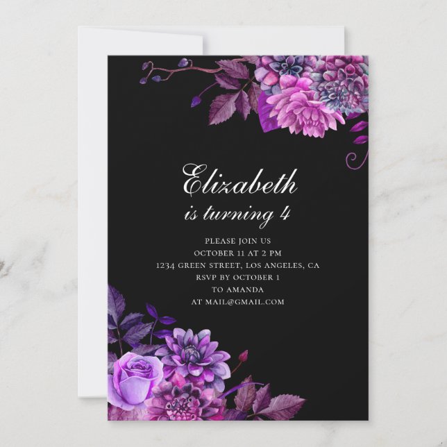 Watercolor purple flowers. Black birthday party Invitation (Front)