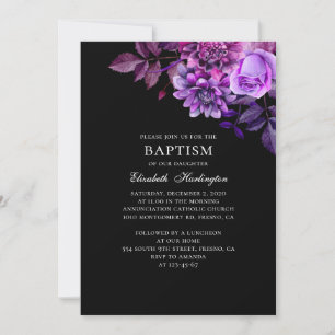 Watercolor purple flowers. Black floral baptism Invitation