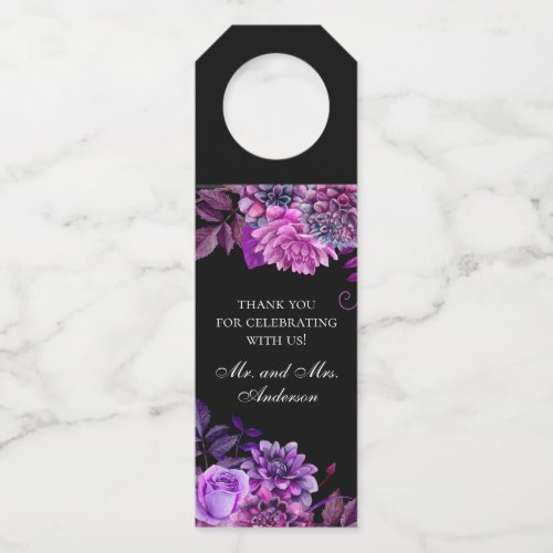 Watercolor purple flowers Black wedding thank you Bottle Hanger Tag
