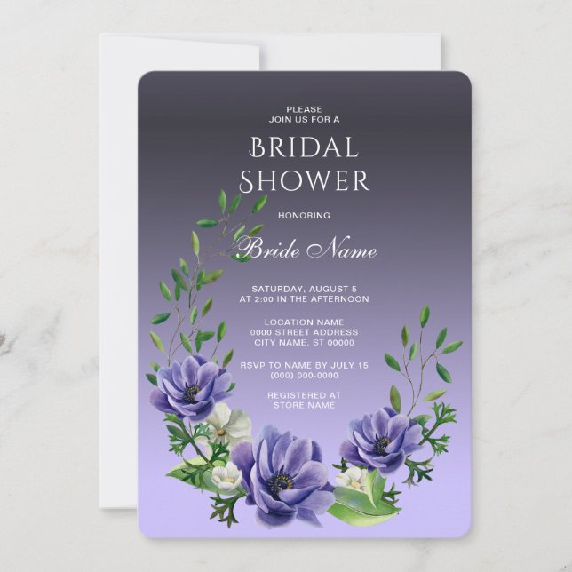 Watercolor Purple Flowers Bridal Shower Invitation (Front)