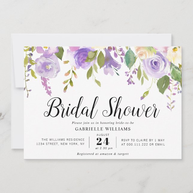 watercolor purple flowers bridal shower invitation (Front)
