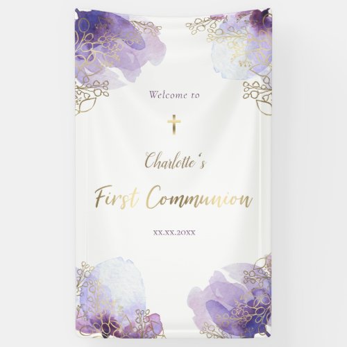watercolor purple flowers First Communion Banner