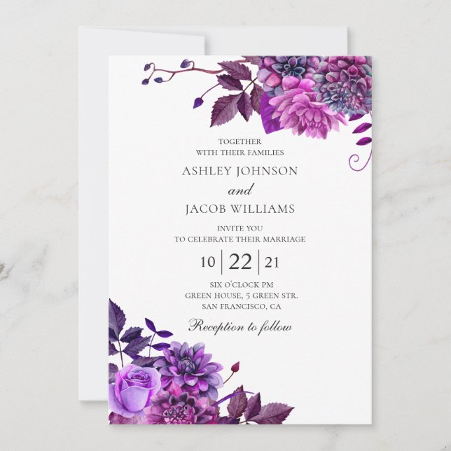 Watercolor purple flowers. Floral lilac wedding Invitation (Front)