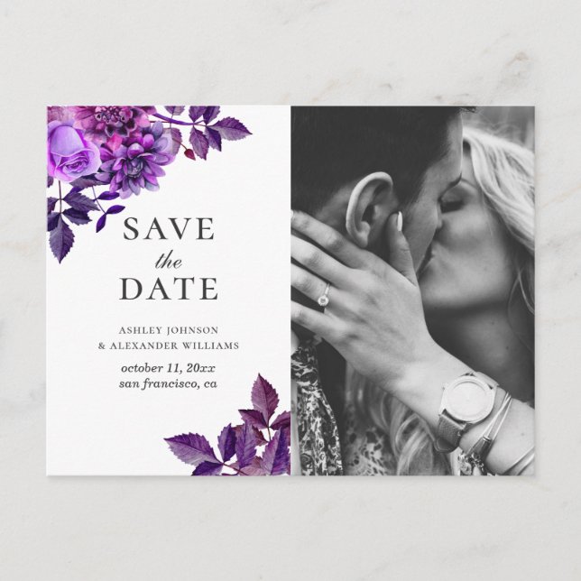 Watercolor purple flowers. Floral Save the Date Postcard (Front)