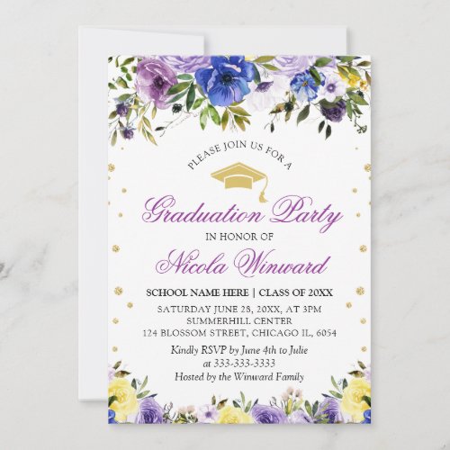 Watercolor Purple Flowers Girl Graduation Party  Invitation