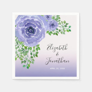 Watercolor Purple Flowers Greenery Wedding Napkins