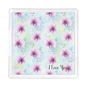 Watercolor Purple Flowers I Love You Acrylic Tray