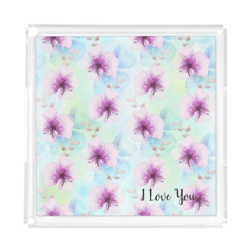 Watercolor Purple Flowers I Love You Acrylic Tray