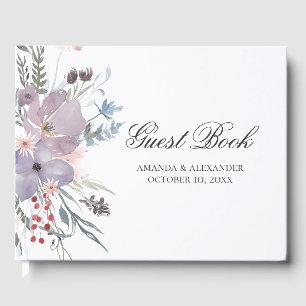 Watercolor purple flowers. Lavender floral wedding Guest Book