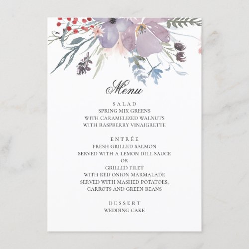 Watercolor purple flowers Lavender floral wedding Menu