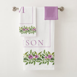 Watercolor purple flowers, monogram floral bath towel set