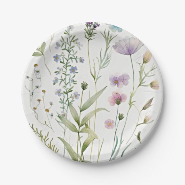 Watercolor purple flowers paper plates (Front)