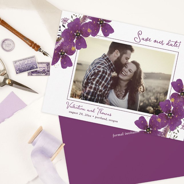 Watercolor Purple Flowers Save The Date Photo Announcement (Creator Uploaded)