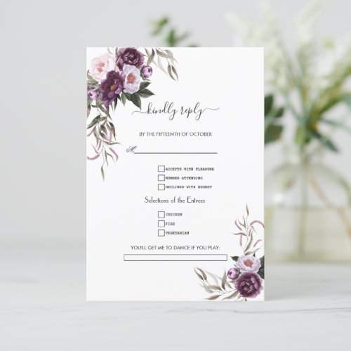 Watercolor Purple Flowers Song Request Wedding  RSVP Card
