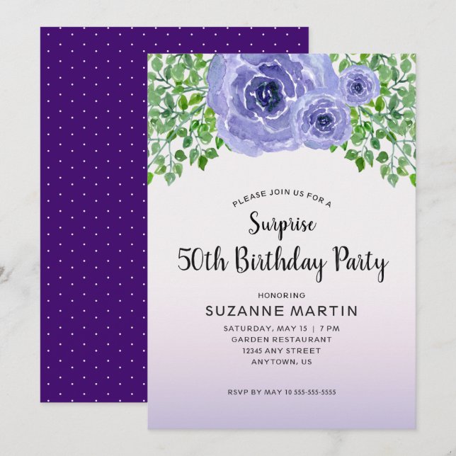 Watercolor Purple Flowers | Surprise 50th Birthday Invitation (Front/Back)