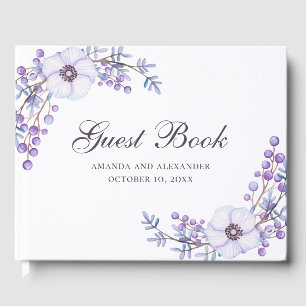Watercolor purple flowers. Violet floral wedding Guest Book