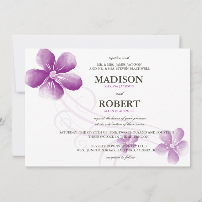 Watercolor Purple Flowers Wedding Invitations (Front)