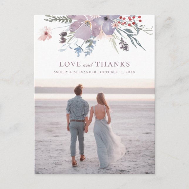 Watercolor purple flowers. Wedding love and thanks Postcard (Front)