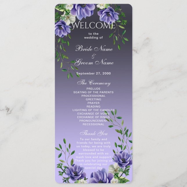 Watercolor Purple Flowers Wedding Program (Front)