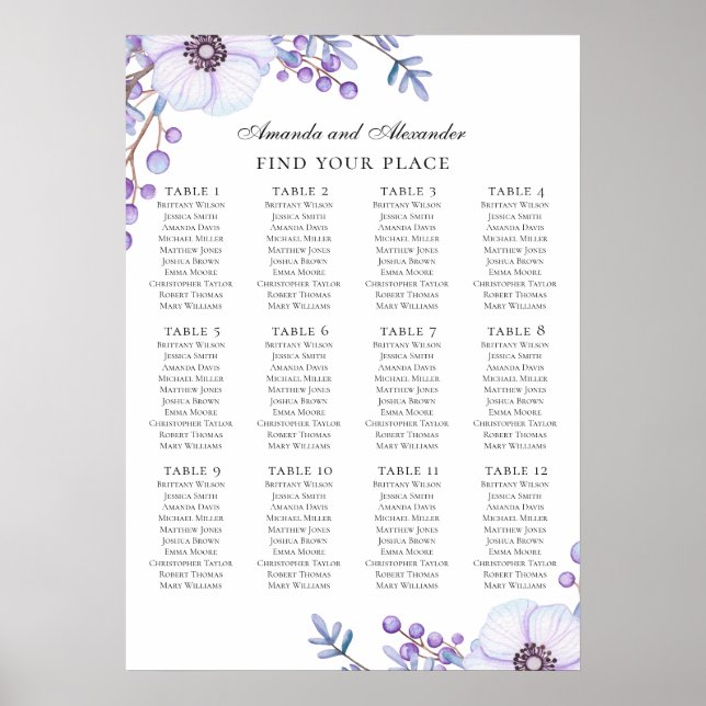 Watercolor purple flowers. Wedding seating chart (Front)