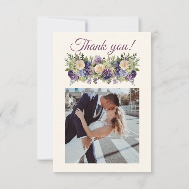 Watercolor Purple Flowers-Wedding- Thank You Card (Front)