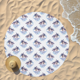 Watercolor Purple Geometric Palm Tree Pattern Beach Towel