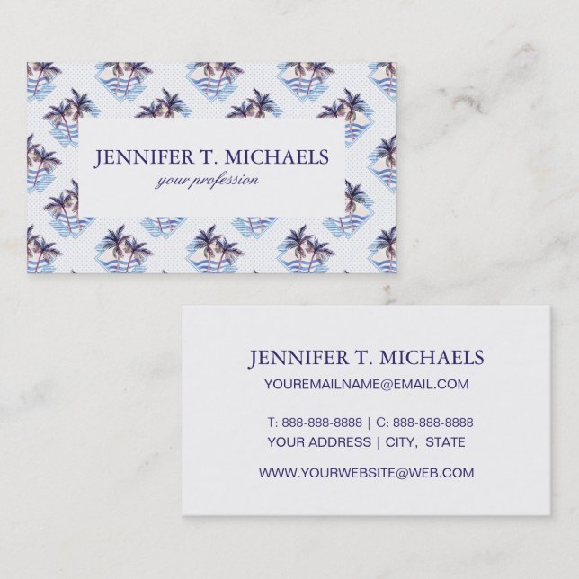 Watercolor Purple Geometric Palm Tree Pattern Business Card (Front/Back)