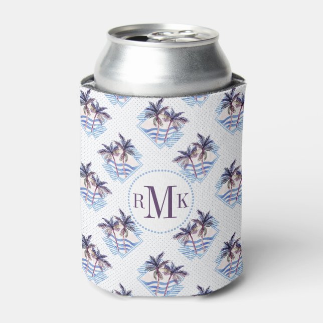 Watercolor Purple Geometric Palm Tree Pattern Can Cooler (Can Front)