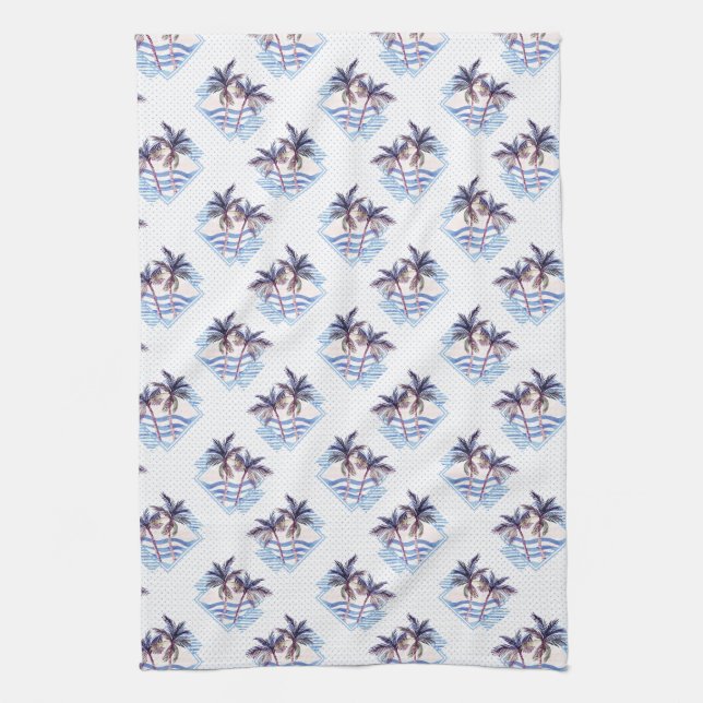 Watercolor Purple Geometric Palm Tree Pattern Kitchen Towel (Vertical)