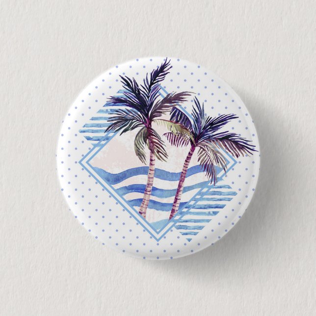 Watercolor Purple Geometric Palm Tree Pattern Pinback Button (Front)