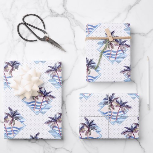 Watercolor Purple Geometric Palm Tree Pattern Wrapping Paper Sheets