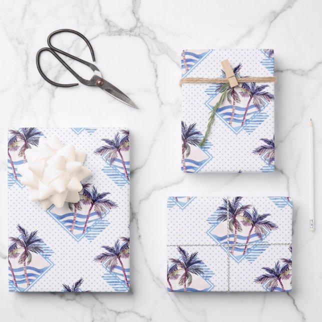 Watercolor Purple Geometric Palm Tree Pattern Wrapping Paper Sheets (Front)