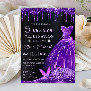 Watercolor Purple Glitter Dress Quinceanera Invitation
