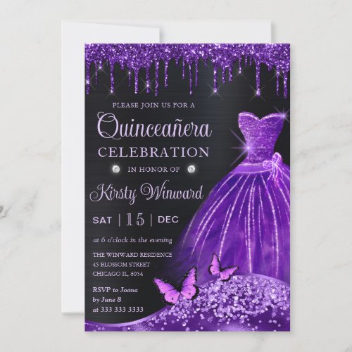 Watercolor Purple Glitter Dress Quinceanera Invitation