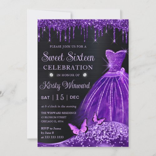 Watercolor Purple Glitter Dress Sweet Sixteen Invitation