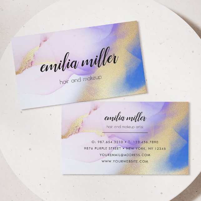 Watercolor Purple Gold Abstract Calligraphy Script Business Card (Creator Uploaded)