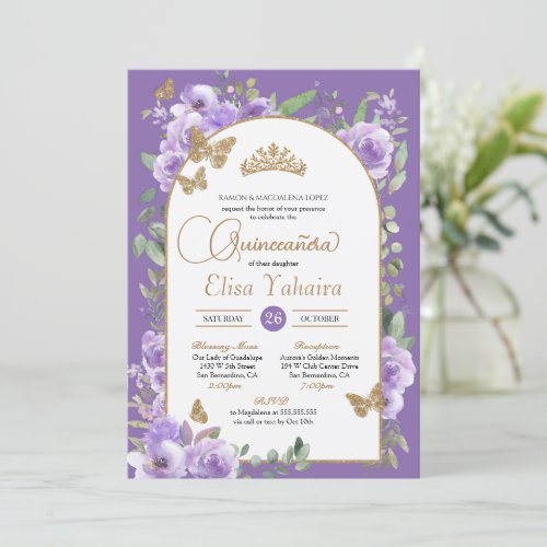 Watercolor Purple  Gold Butterfly Quinceaera Invitation