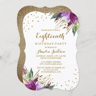 Watercolor Purple Gold Flower 18th Birthday Invitation