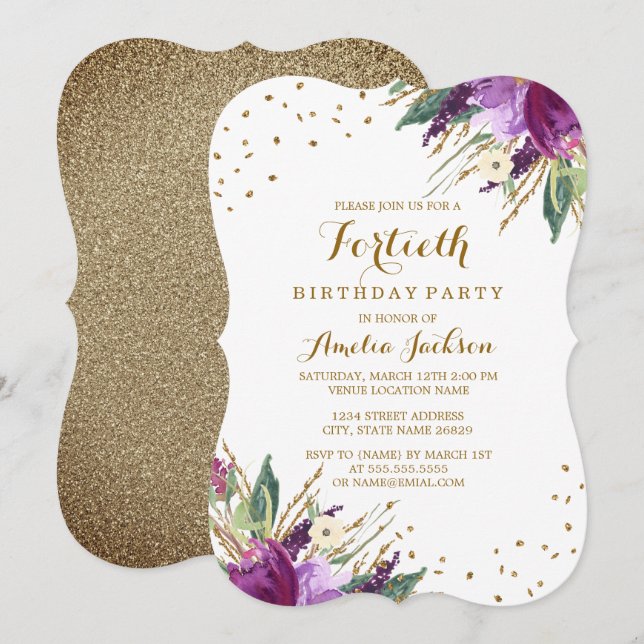 Watercolor Purple Gold Flower 40th Birthday Party Invitation (Front/Back)