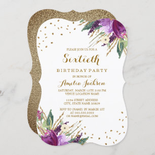 Watercolor Purple Gold Flower 60th Birthday Party Invitation