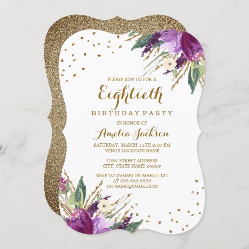 Watercolor Purple Gold Flower 80th Birthday Party Invitation
