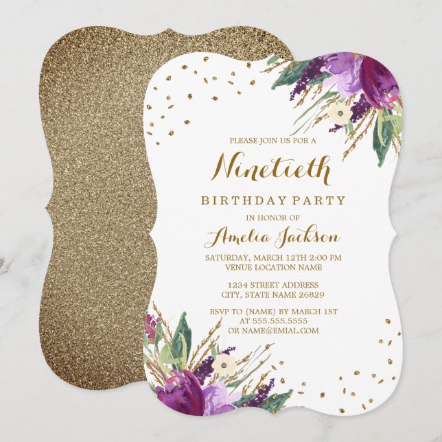 Watercolor Purple Gold Flower 90th Birthday Party Invitation (Front/Back)